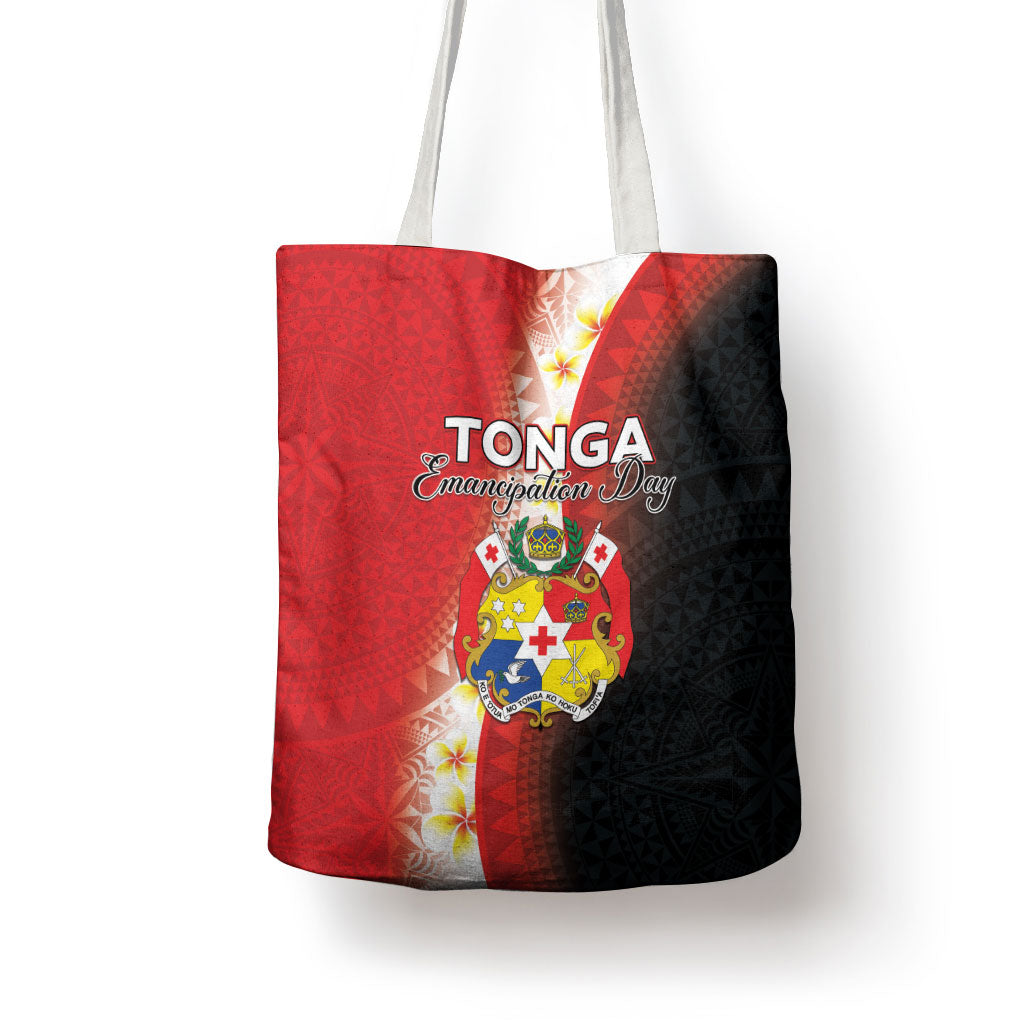 Tonga Emancipation Day Tote Bag Tongan Ngatu Pattern With Plumeria LT05 - Polynesian Pride