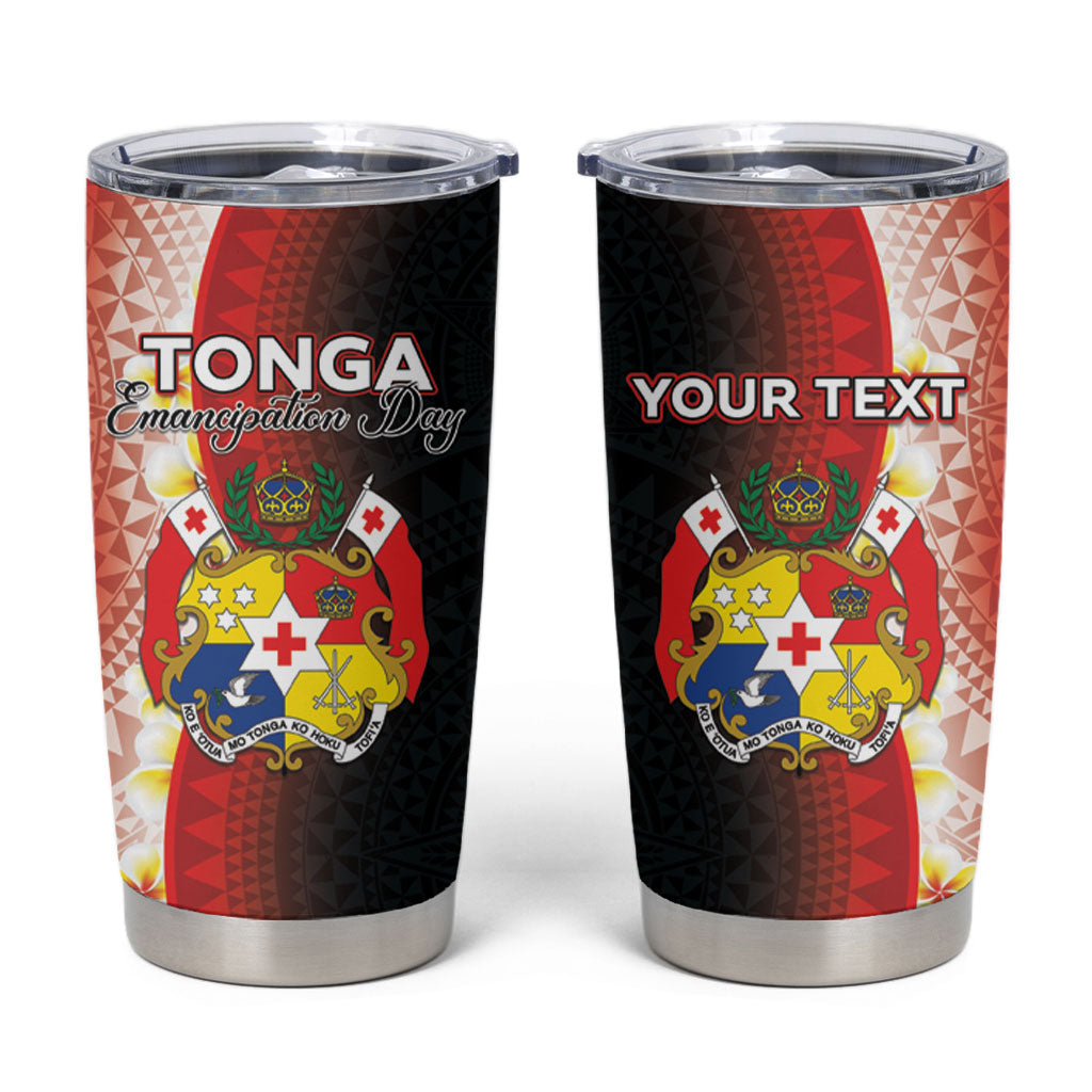 Personalised Tonga Emancipation Day Tumbler Cup Tongan Ngatu Pattern With Plumeria