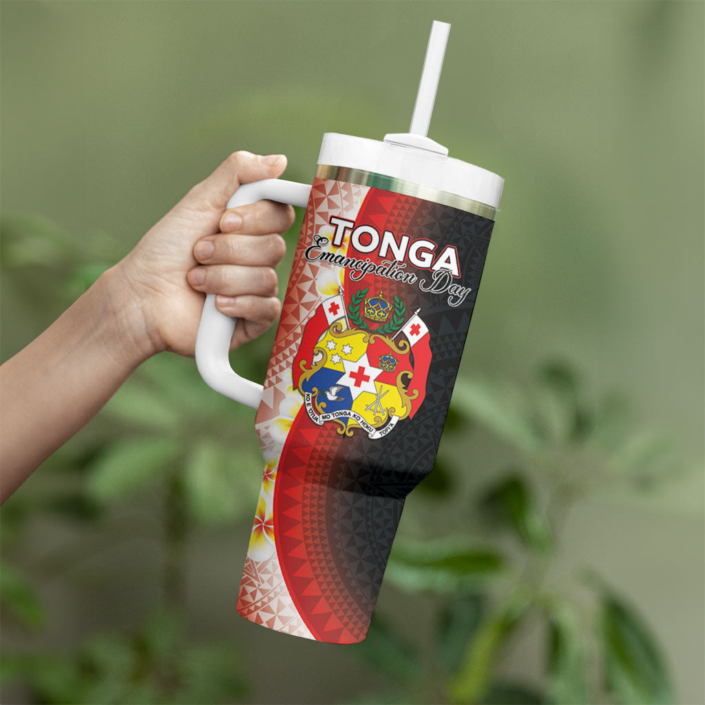 Personalised Tonga Emancipation Day Tumbler With Handle Tongan Ngatu Pattern With Plumeria LT05 - Polynesian Pride