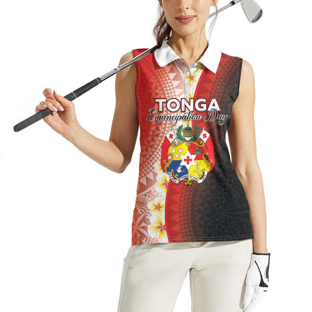 Personalised Tonga Emancipation Day Women Sleeveless Polo Shirt Tongan Ngatu Pattern With Plumeria LT05 - Polynesian Pride
