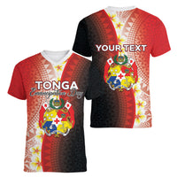 Personalised Tonga Emancipation Day Women V-Neck T-Shirt Tongan Ngatu Pattern With Plumeria LT05 - Polynesian Pride