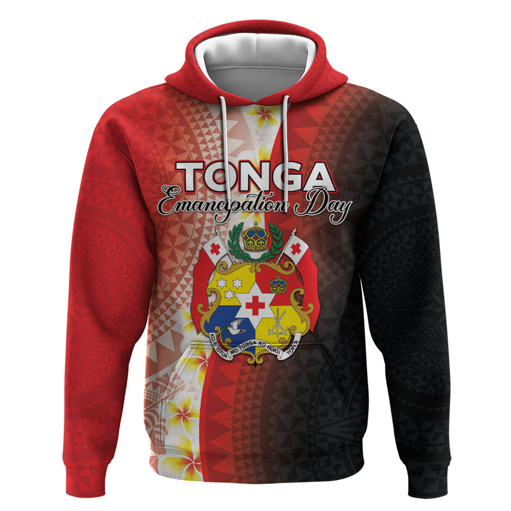 Personalised Tonga Emancipation Day Zip Hoodie Tongan Ngatu Pattern With Plumeria LT05 Pullover Hoodie Red - Polynesian Pride