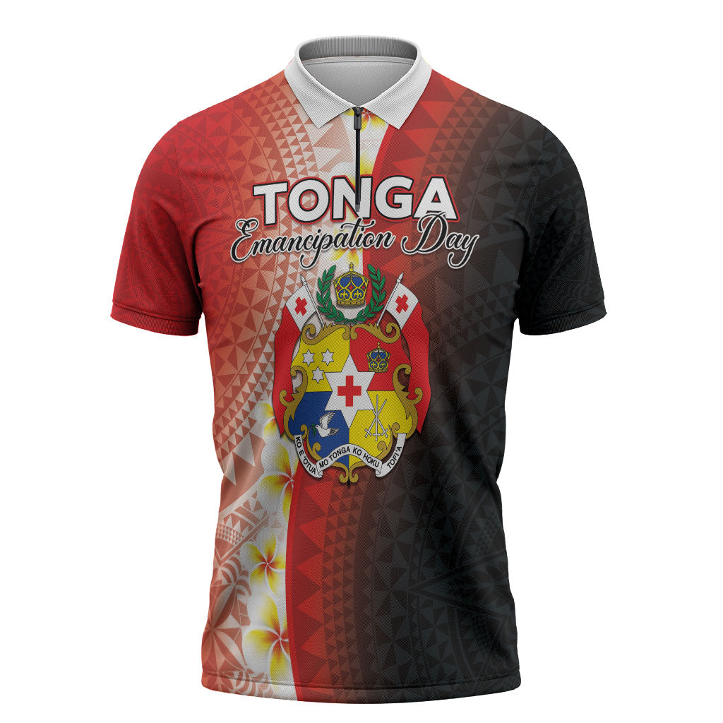 Personalised Tonga Emancipation Day Zipper Polo Shirt Tongan Ngatu Pattern With Plumeria