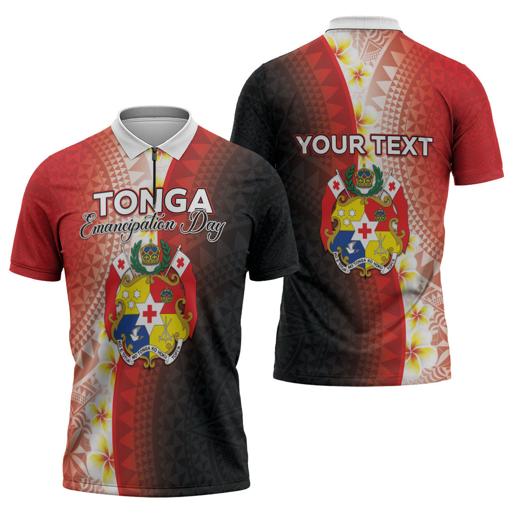 Personalised Tonga Emancipation Day Zipper Polo Shirt Tongan Ngatu Pattern With Plumeria LT05 - Polynesian Pride