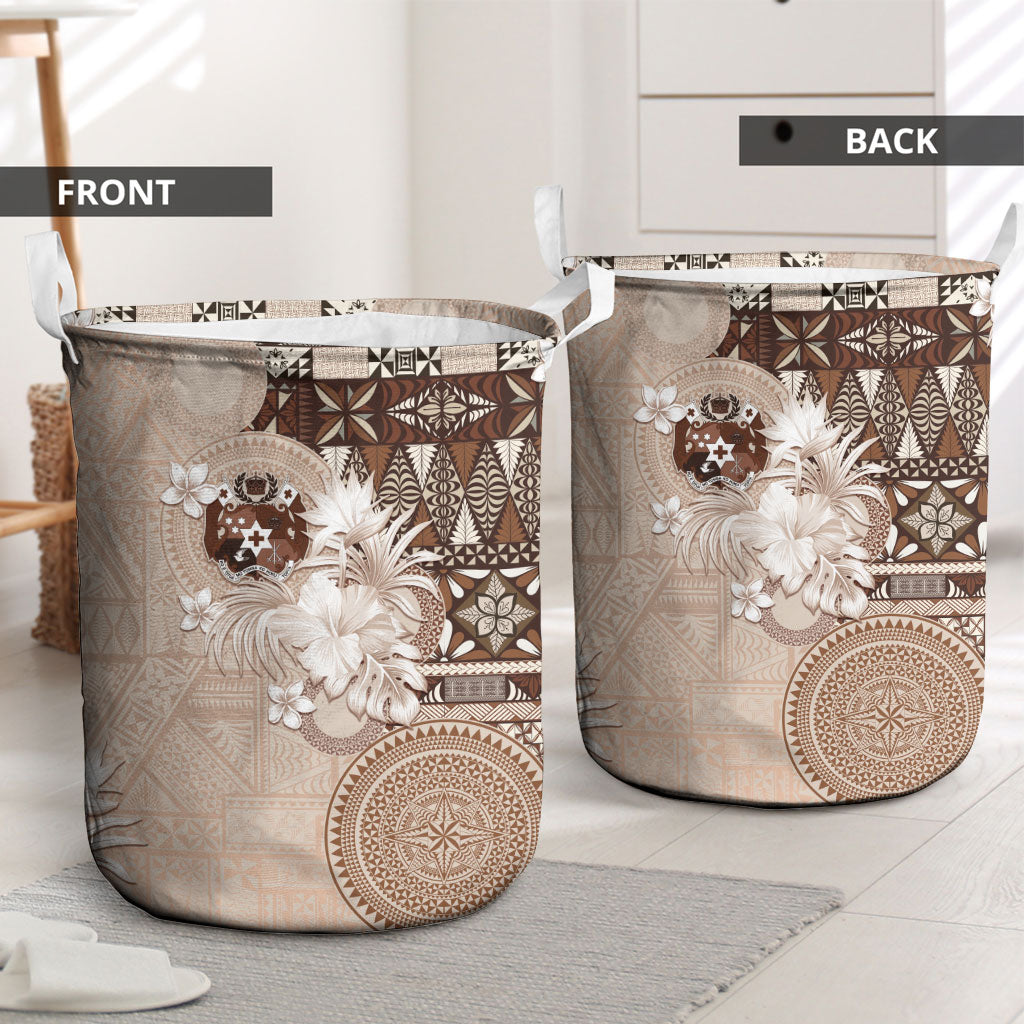 Tonga Ngatu Motifs Laundry Basket With Coat Of Arms Beige LT05 - Polynesian Pride