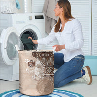 Tonga Ngatu Motifs Laundry Basket With Coat Of Arms Beige LT05 - Polynesian Pride