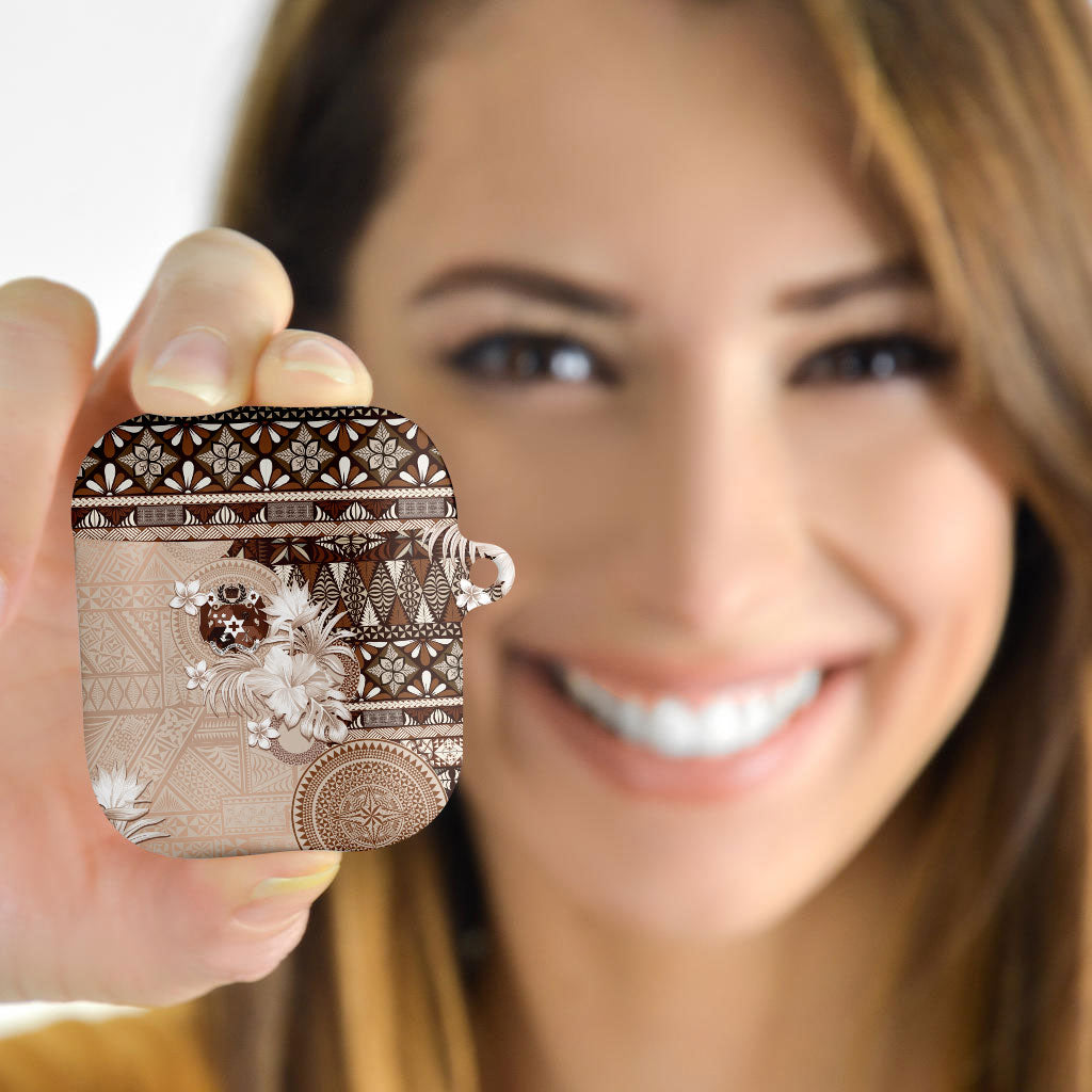 Tonga Ngatu Motifs AirPods Case With Coat Of Arms Beige LT05 - Polynesian Pride