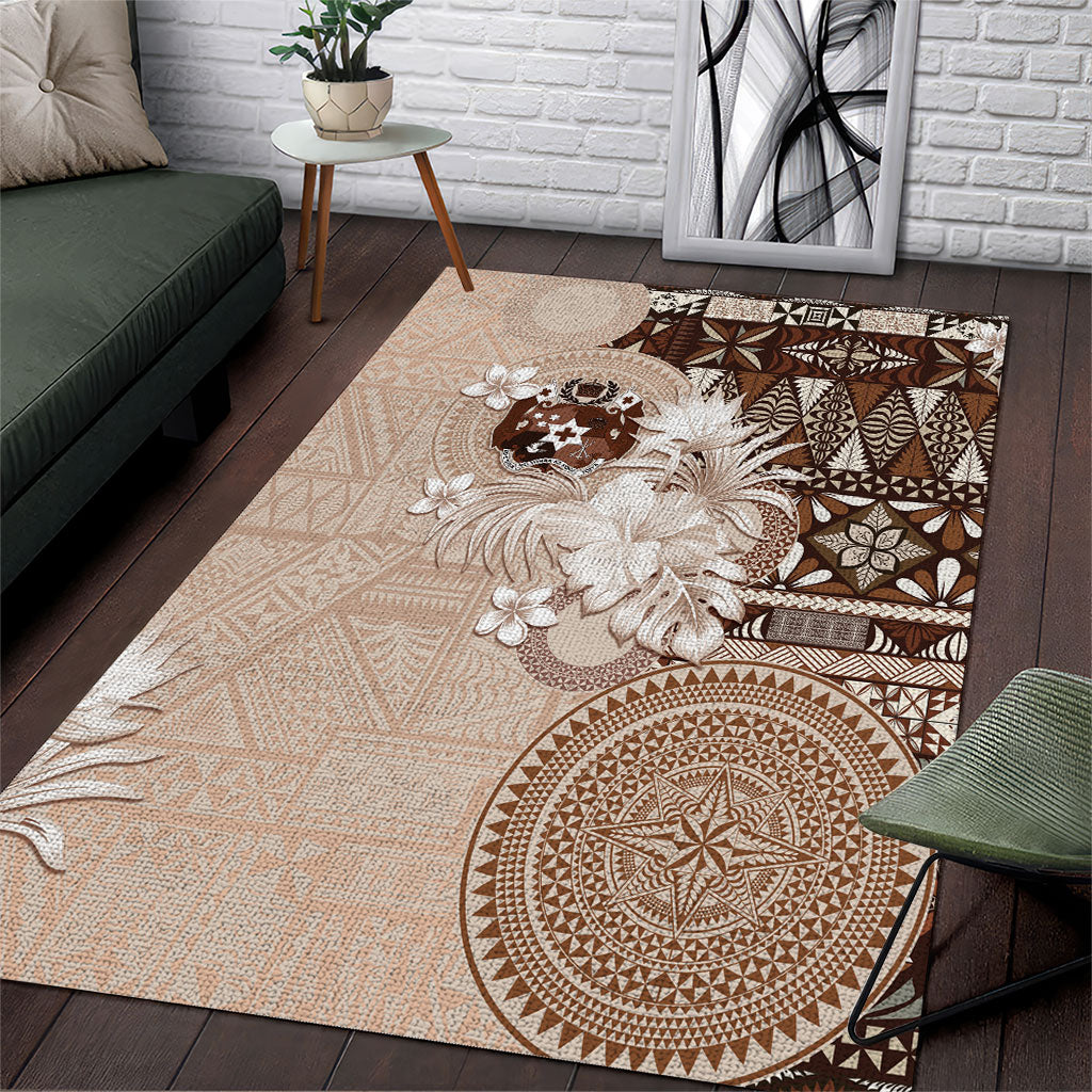 Tonga Ngatu Motifs Area Rug With Coat Of Arms Beige LT05 Beige - Polynesian Pride