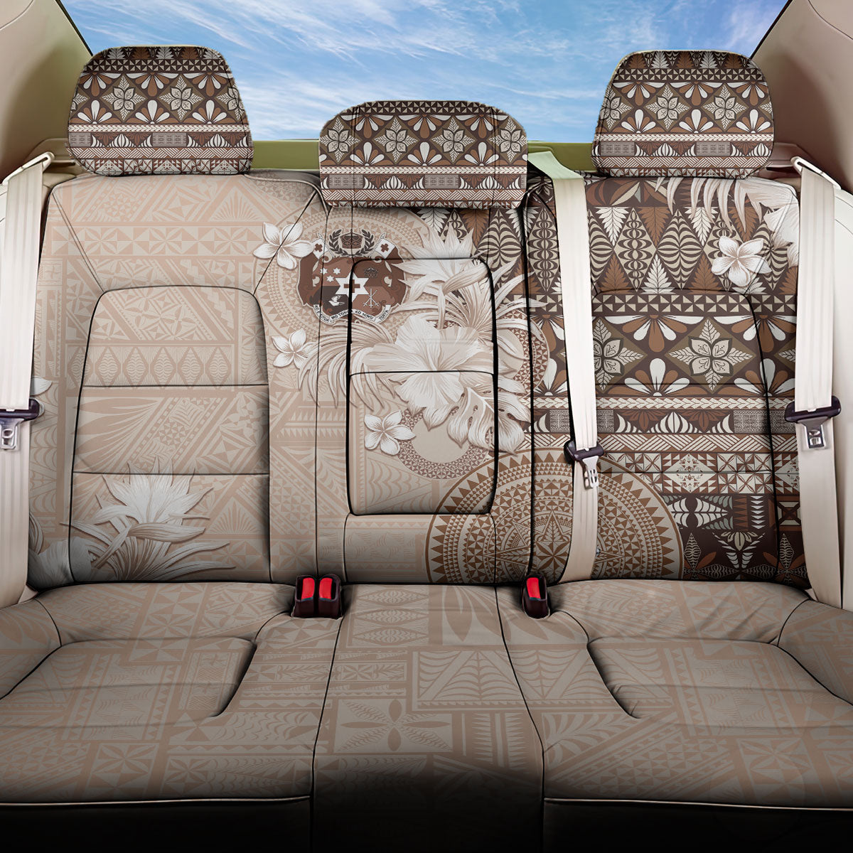 Tonga Ngatu Motifs Back Car Seat Cover With Coat Of Arms Beige