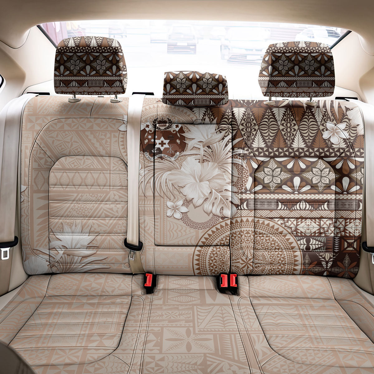 Tonga Ngatu Motifs Back Car Seat Cover With Coat Of Arms Beige