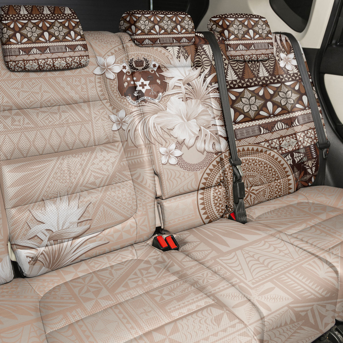 Tonga Ngatu Motifs Back Car Seat Cover With Coat Of Arms Beige