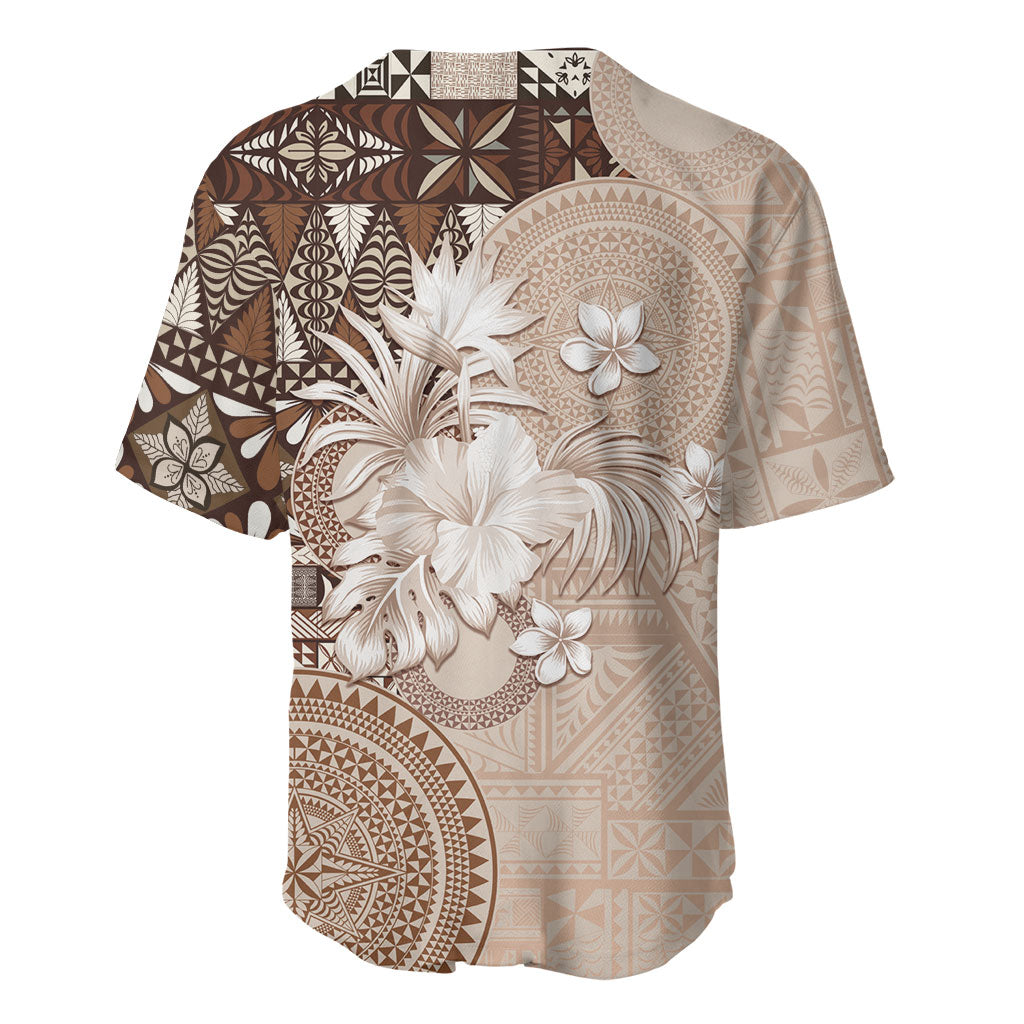 Tonga Ngatu Motifs Baseball Jersey With Coat Of Arms Beige LT05 - Polynesian Pride