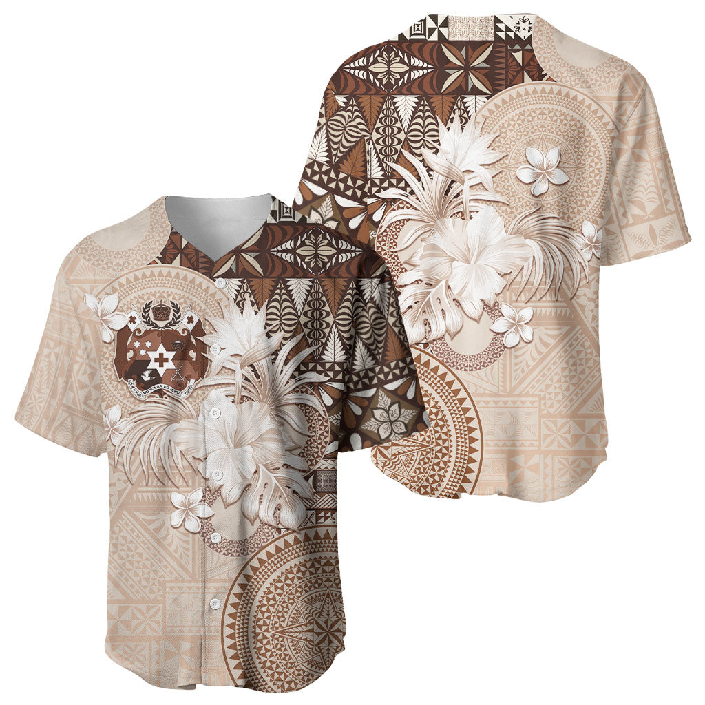 Tonga Ngatu Motifs Baseball Jersey With Coat Of Arms Beige LT05 - Polynesian Pride