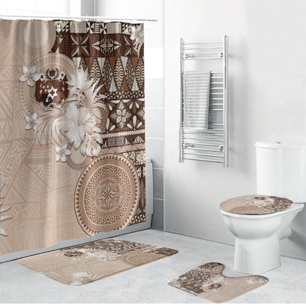 Tonga Ngatu Motifs Bathroom Set With Coat Of Arms Beige LT05 Bathroom Set (4 pcs) Beige - Polynesian Pride