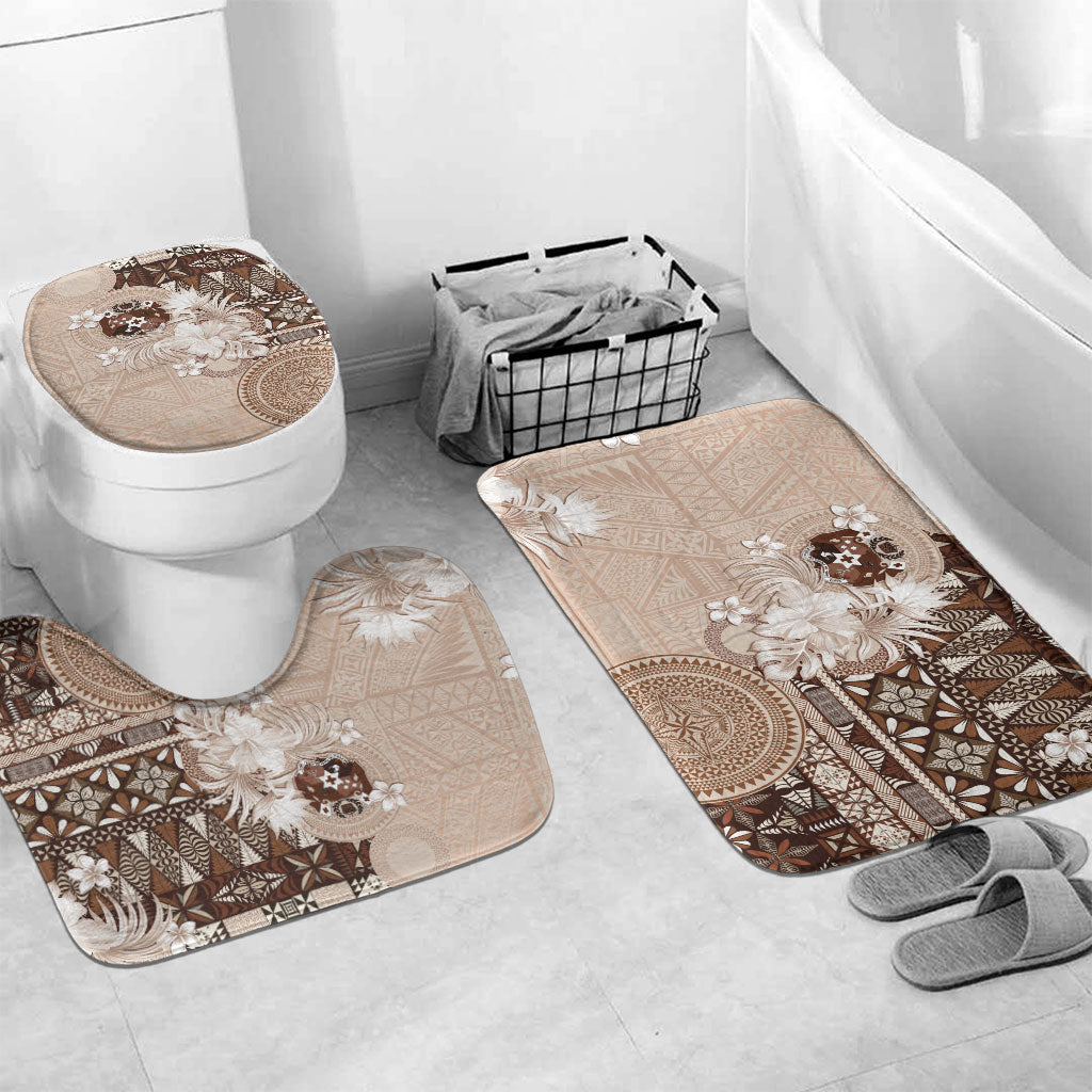 Tonga Ngatu Motifs Bathroom Set With Coat Of Arms Beige LT05 Mat Set Only (3 pcs) One Size Beige - Polynesian Pride