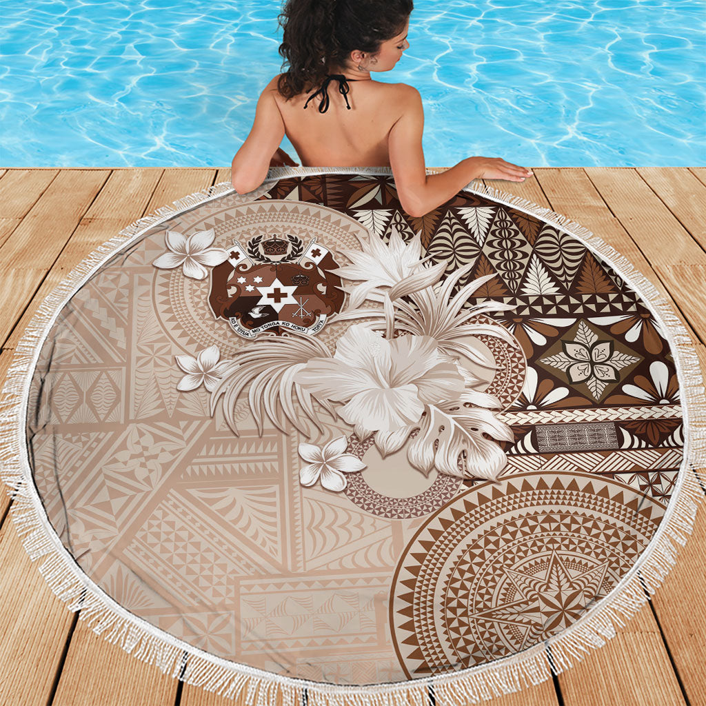 Tonga Ngatu Motifs Beach Blanket With Coat Of Arms Beige LT05 - Polynesian Pride
