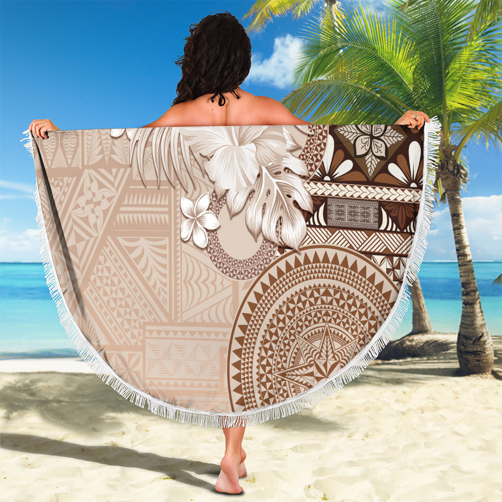Tonga Ngatu Motifs Beach Blanket With Coat Of Arms Beige LT05 - Polynesian Pride