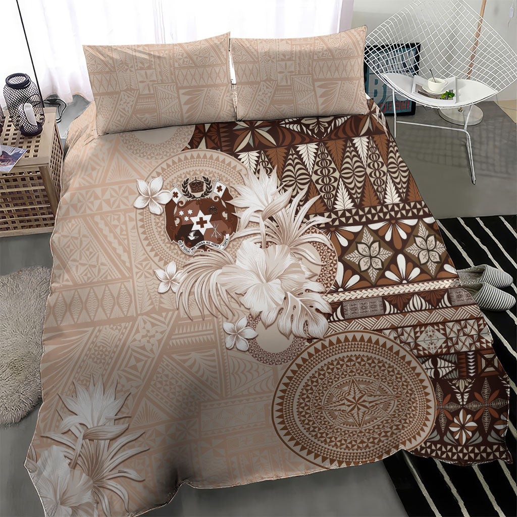 Tonga Ngatu Motifs Bedding Set With Coat Of Arms Beige LT05 - Polynesian Pride