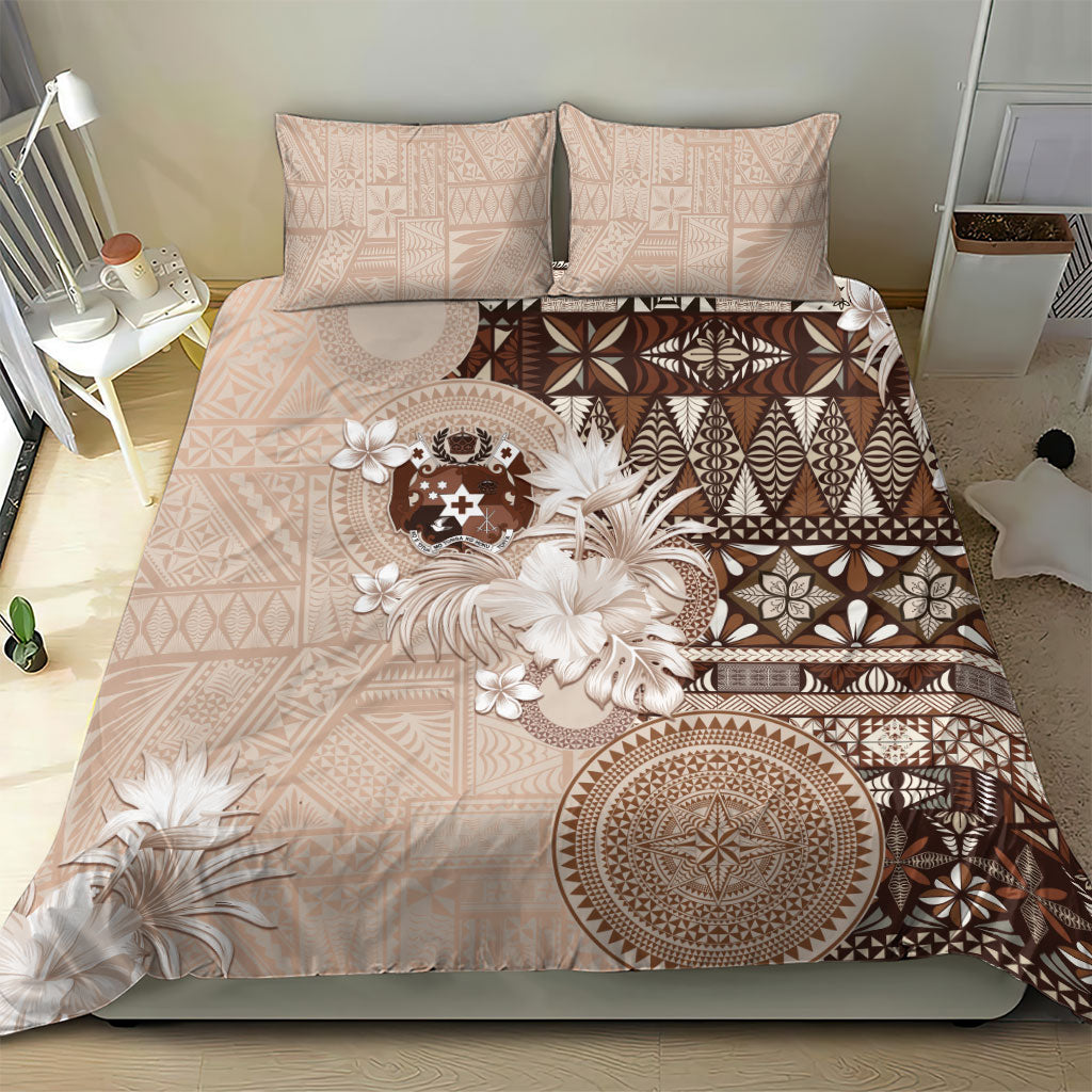 Tonga Ngatu Motifs Bedding Set With Coat Of Arms Beige LT05 - Polynesian Pride