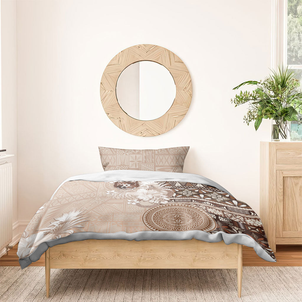 Tonga Ngatu Motifs Bedding Set With Coat Of Arms Beige LT05 - Polynesian Pride