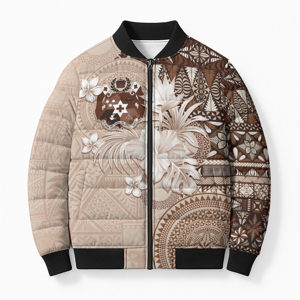 Tonga Ngatu Motifs Bomber Puffer Jacket With Coat Of Arms Beige LT05 Unisex Beige - Polynesian Pride