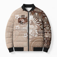 Tonga Ngatu Motifs Bomber Puffer Jacket With Coat Of Arms Beige LT05 Unisex Beige - Polynesian Pride