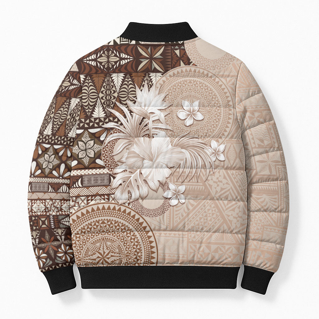 Tonga Ngatu Motifs Bomber Puffer Jacket With Coat Of Arms Beige LT05 - Polynesian Pride