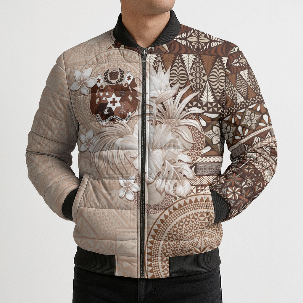 Tonga Ngatu Motifs Bomber Puffer Jacket With Coat Of Arms Beige LT05 - Polynesian Pride