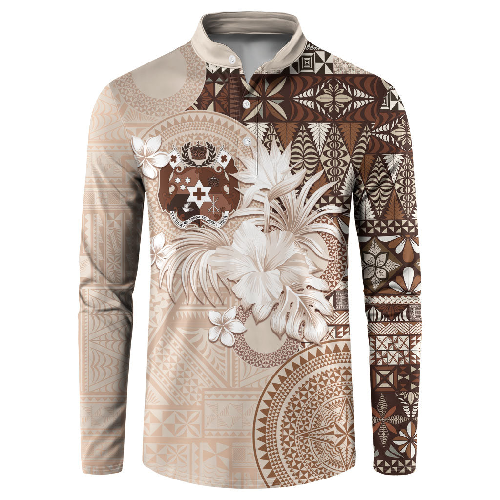 Tonga Ngatu Motifs Button Sweatshirt With Coat Of Arms Beige LT05 Beige - Polynesian Pride