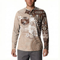 Tonga Ngatu Motifs Button Sweatshirt With Coat Of Arms Beige LT05 - Polynesian Pride