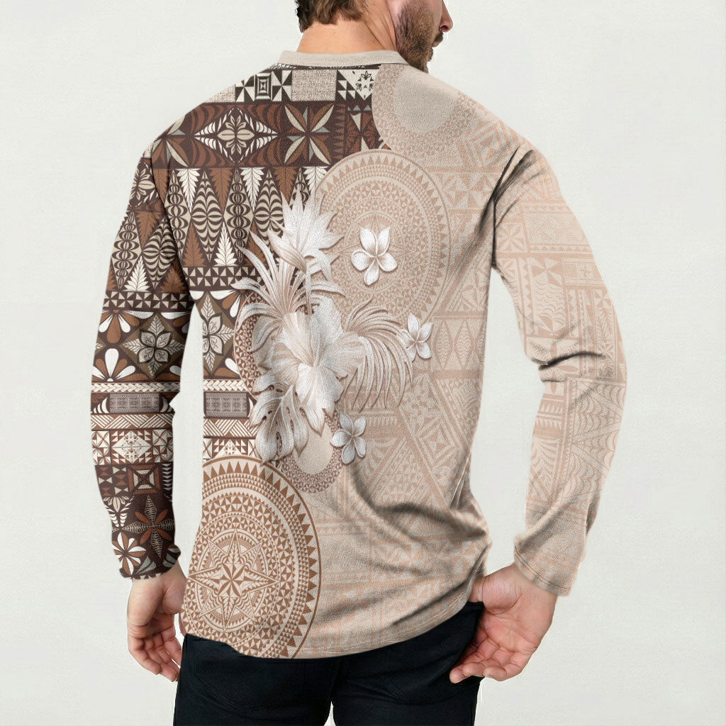 Tonga Ngatu Motifs Button Sweatshirt With Coat Of Arms Beige LT05 - Polynesian Pride