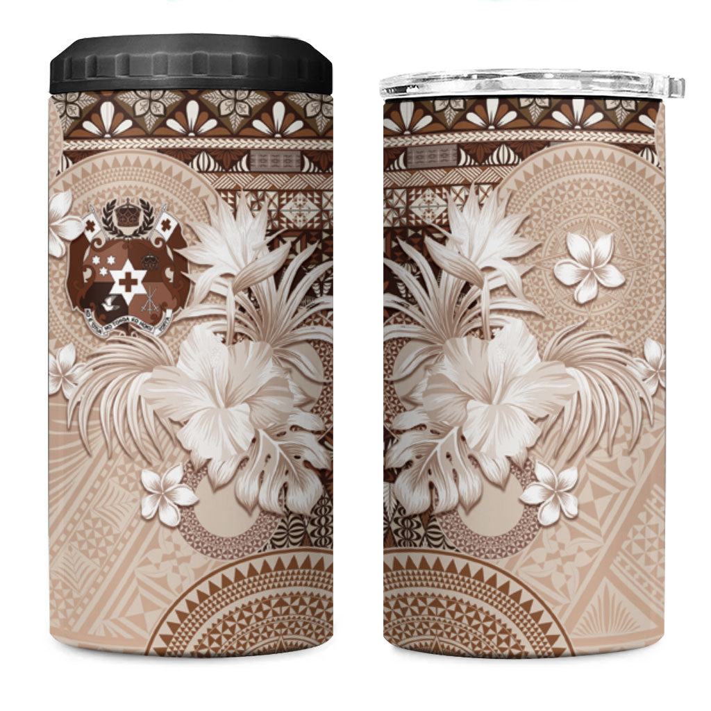 Tonga Ngatu Motifs 4 in 1 Can Cooler Tumbler With Coat Of Arms Beige