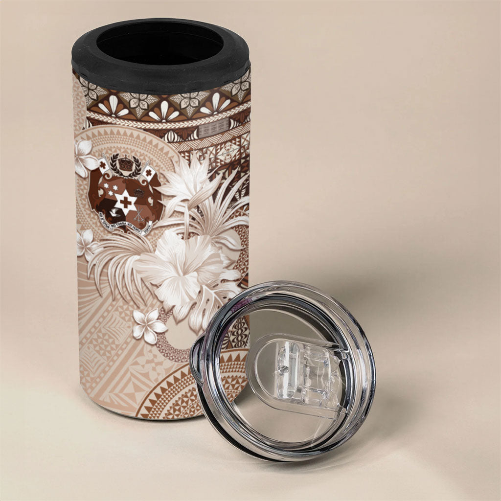 Tonga Ngatu Motifs 4 in 1 Can Cooler Tumbler With Coat Of Arms Beige LT05 - Polynesian Pride