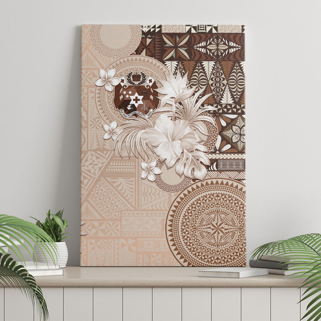 Tonga Ngatu Motifs Canvas Wall Art With Coat Of Arms Beige LT05 - Polynesian Pride