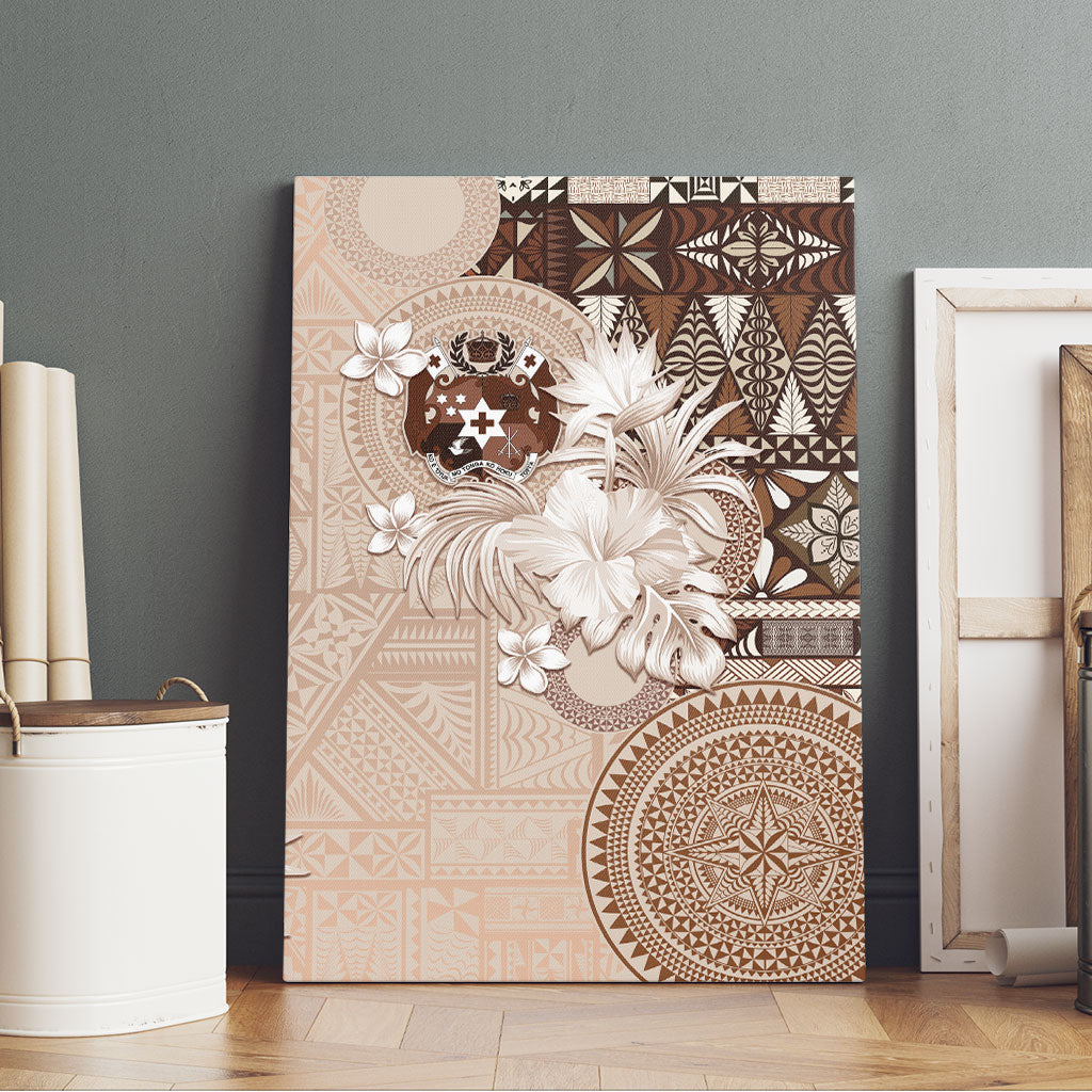 Tonga Ngatu Motifs Canvas Wall Art With Coat Of Arms Beige LT05 - Polynesian Pride