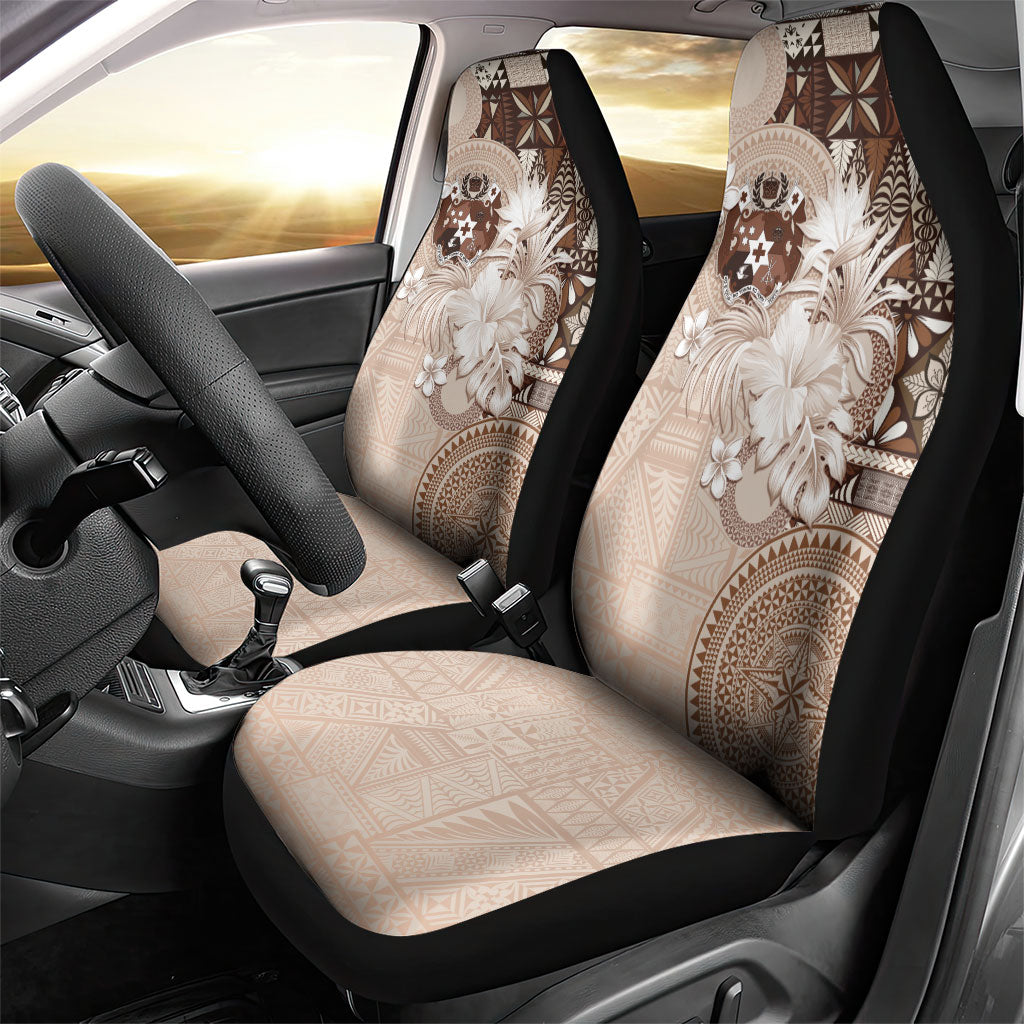 Tonga Ngatu Motifs Car Seat Cover With Coat Of Arms Beige LT05 - Polynesian Pride