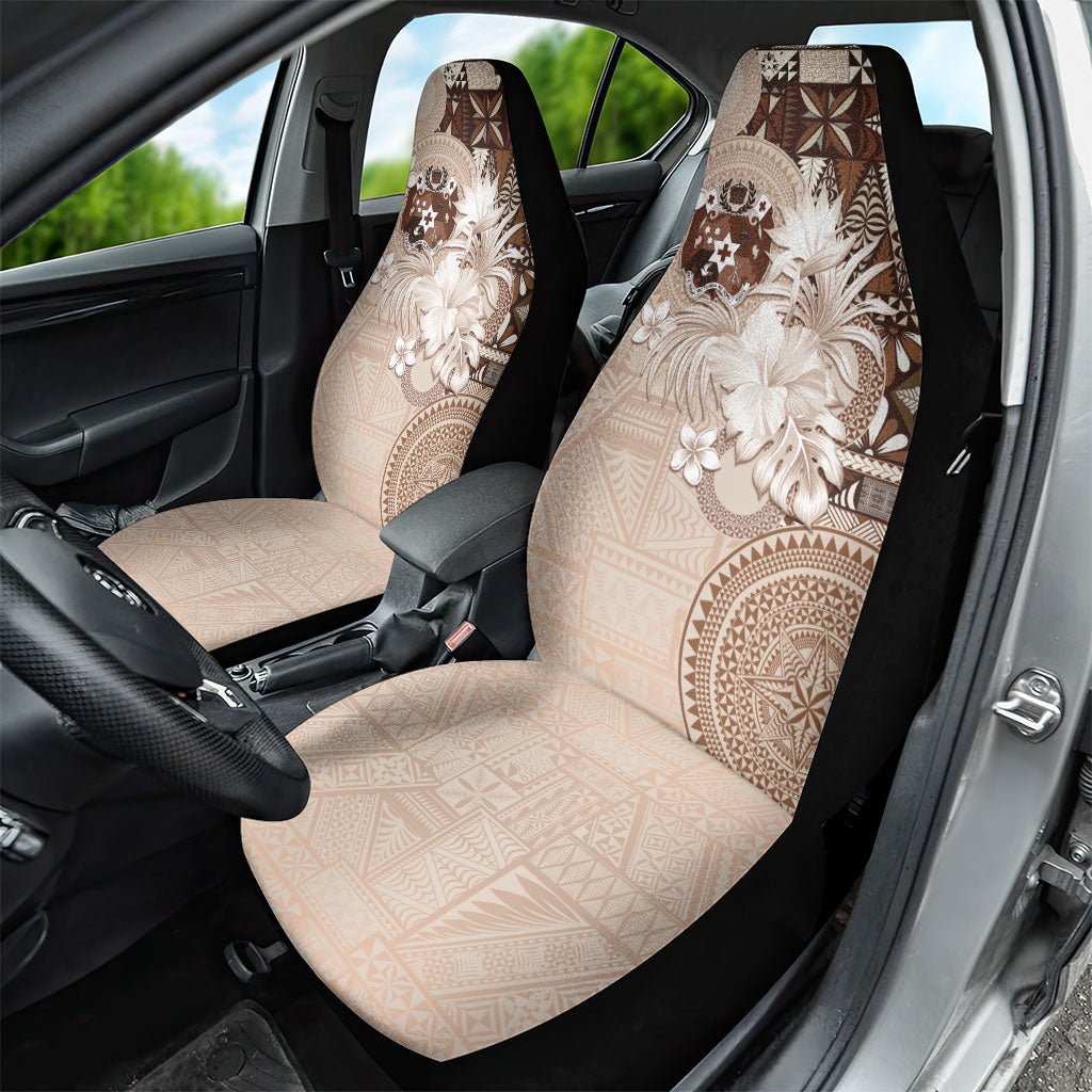 Tonga Ngatu Motifs Car Seat Cover With Coat Of Arms Beige LT05 - Polynesian Pride