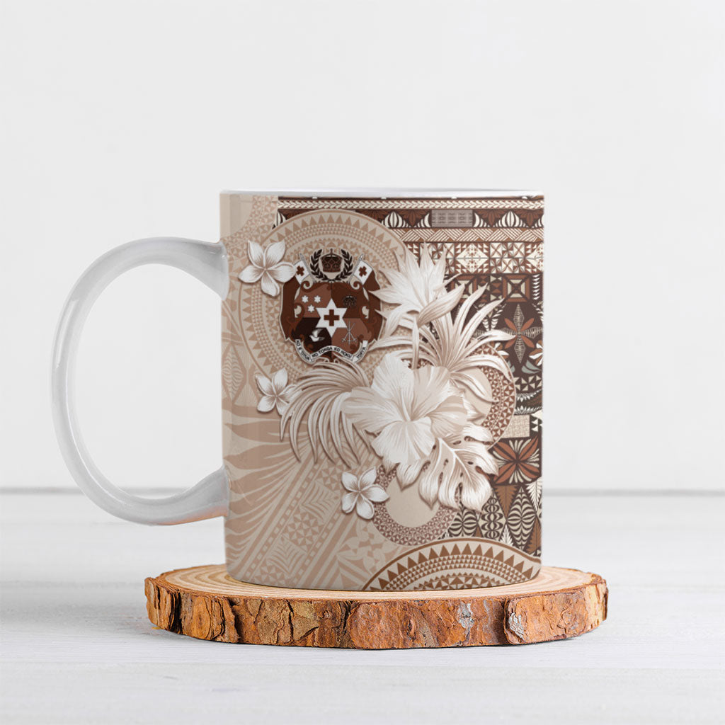 Tonga Ngatu Motifs Ceramic Mug With Coat Of Arms Beige LT05 Beige - Polynesian Pride