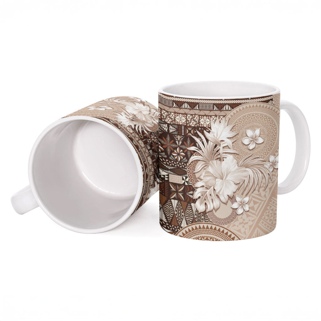 Tonga Ngatu Motifs Ceramic Mug With Coat Of Arms Beige LT05 - Polynesian Pride