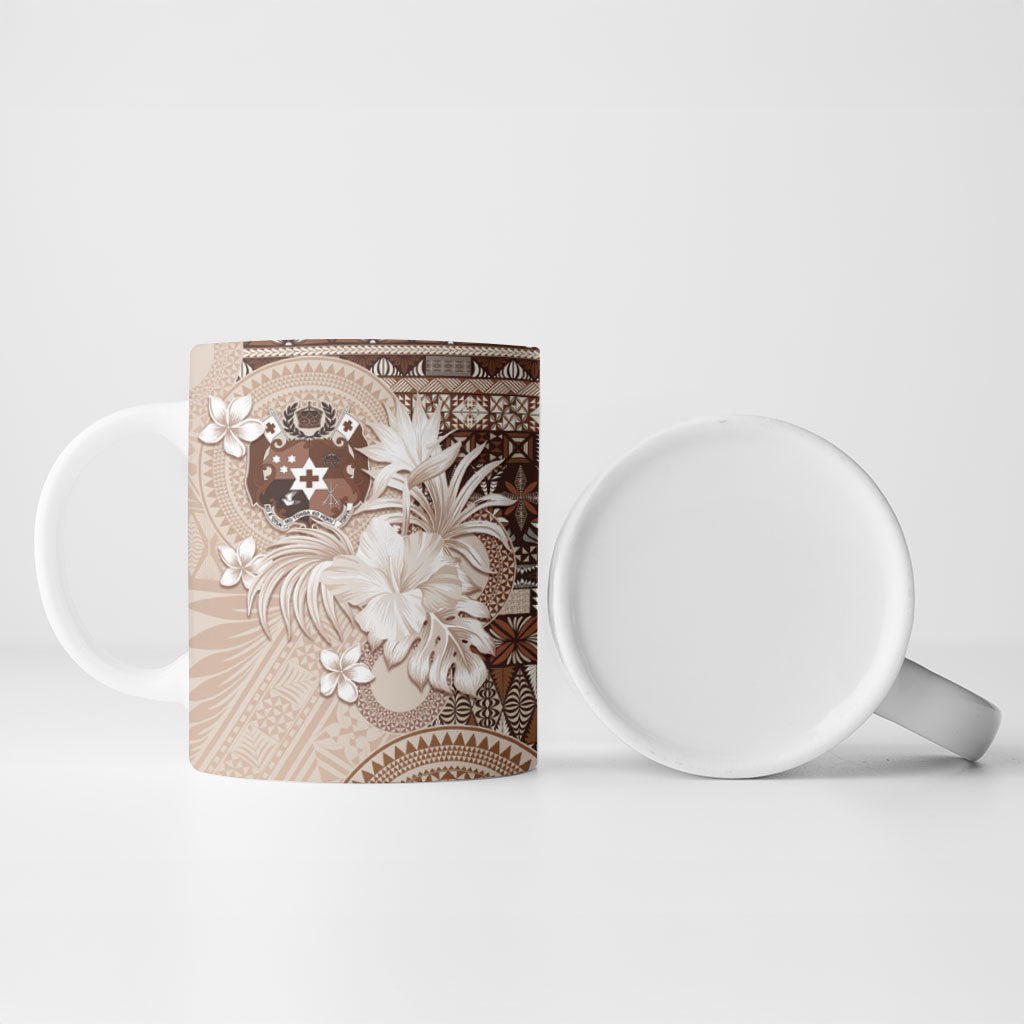 Tonga Ngatu Motifs Ceramic Mug With Coat Of Arms Beige LT05 - Polynesian Pride