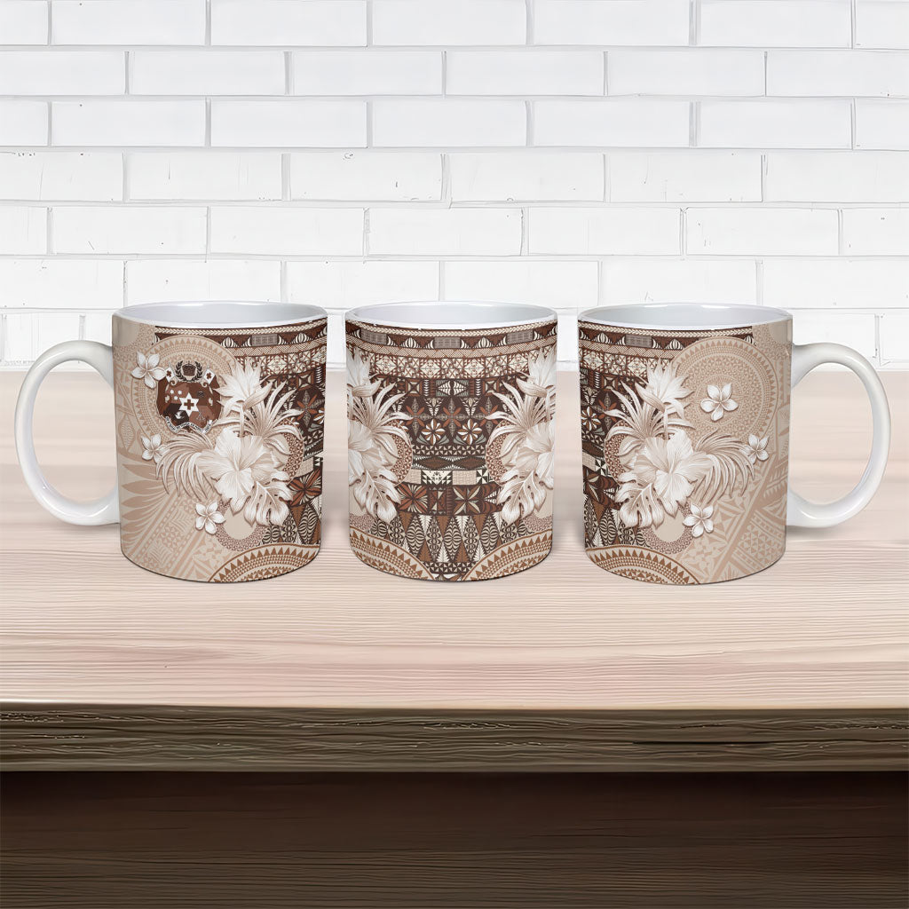 Tonga Ngatu Motifs Ceramic Mug With Coat Of Arms Beige LT05 - Polynesian Pride