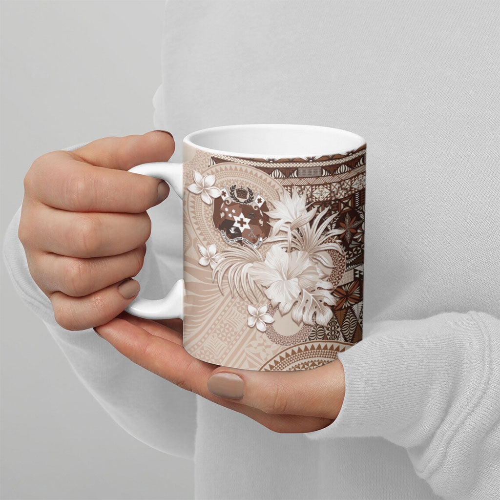 Tonga Ngatu Motifs Ceramic Mug With Coat Of Arms Beige LT05 - Polynesian Pride