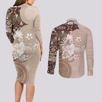 Tonga Ngatu Motifs Couples Matching Long Sleeve Bodycon Dress and Long Sleeve Button Shirt With Coat Of Arms Beige
