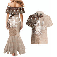 Tonga Ngatu Motifs Couples Matching Mermaid Dress and Hawaiian Shirt With Coat Of Arms Beige