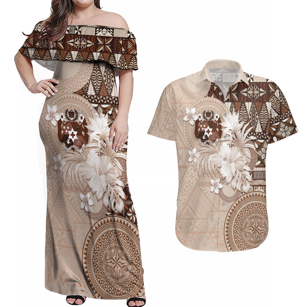 Tonga Ngatu Motifs Couples Matching Off Shoulder Maxi Dress and Hawaiian Shirt With Coat Of Arms Beige