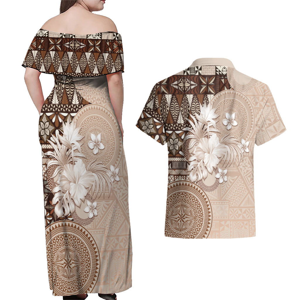 Tonga Ngatu Motifs Couples Matching Off Shoulder Maxi Dress and Hawaiian Shirt With Coat Of Arms Beige