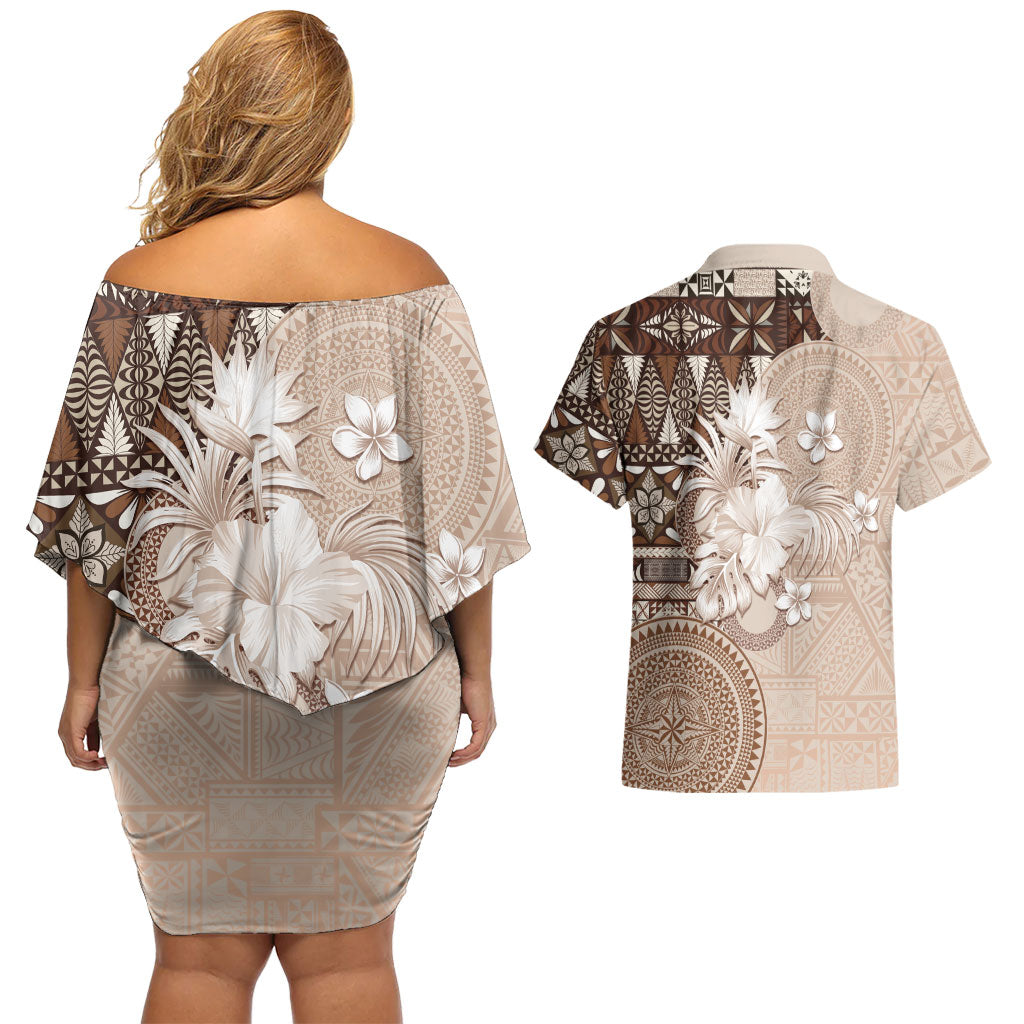 Tonga Ngatu Motifs Couples Matching Off Shoulder Short Dress and Hawaiian Shirt With Coat Of Arms Beige