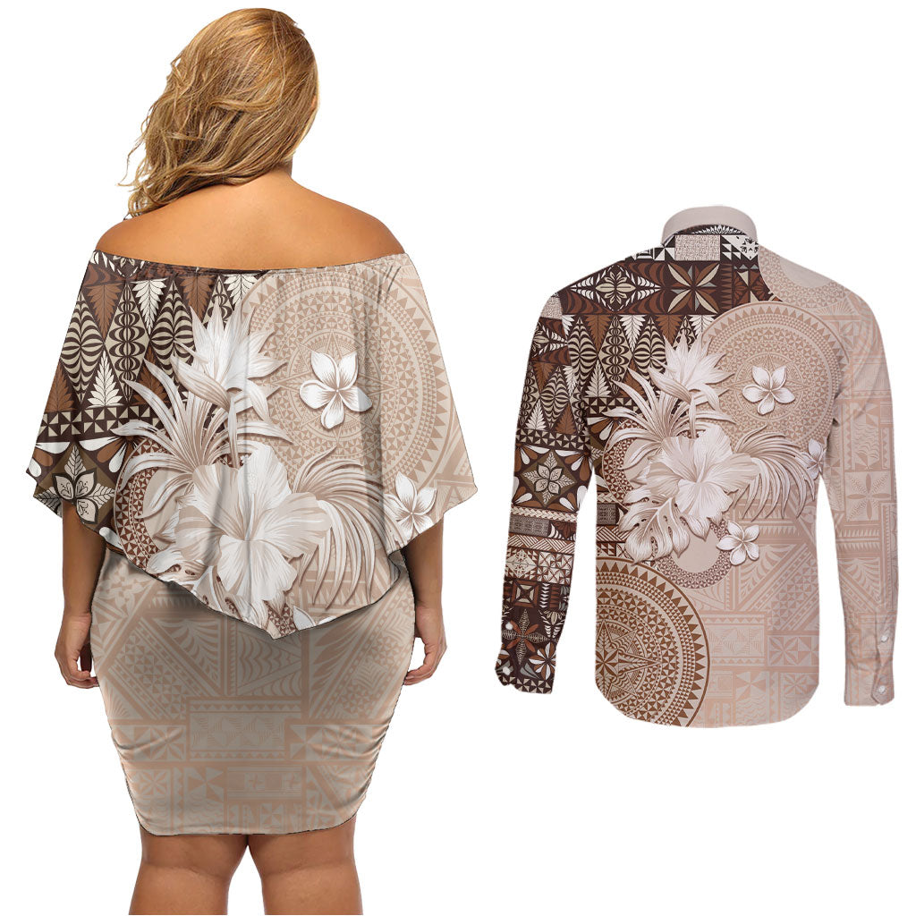 Tonga Ngatu Motifs Couples Matching Off Shoulder Short Dress and Long Sleeve Button Shirt With Coat Of Arms Beige