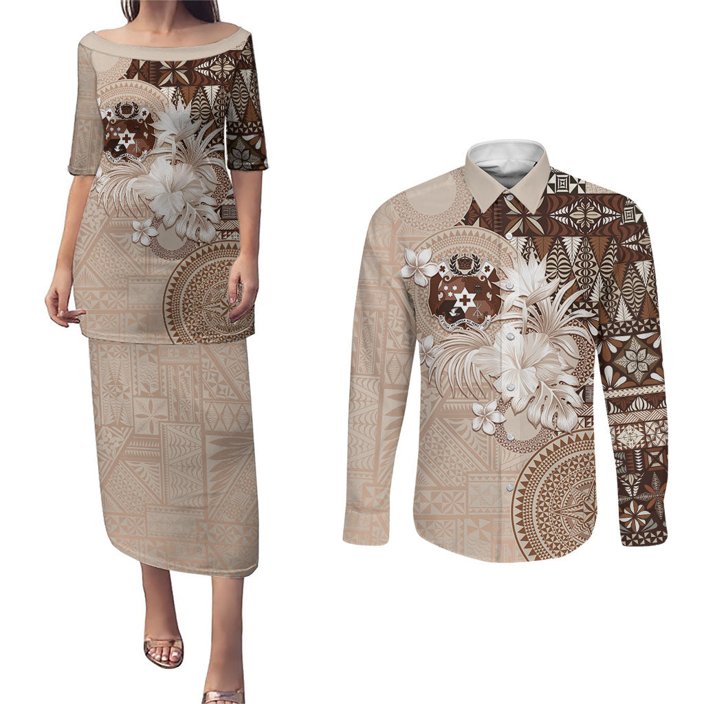 Tonga Ngatu Motifs Couples Matching Puletasi and Long Sleeve Button Shirt With Coat Of Arms Beige