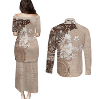 Tonga Ngatu Motifs Couples Matching Puletasi and Long Sleeve Button Shirt With Coat Of Arms Beige